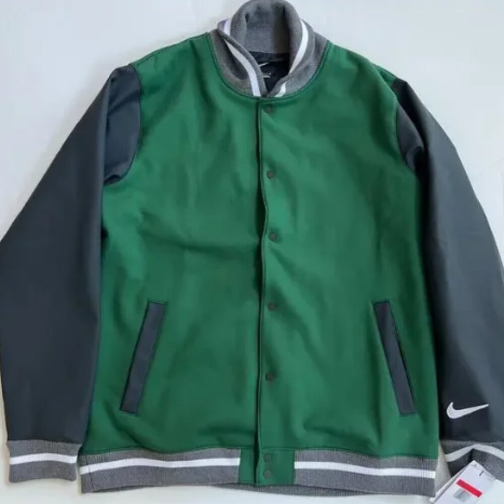 Nike Men's Size L Team Green Letterman Jacket Full Snap DJ5971-341 NEW
